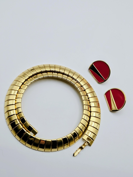 Monet Jewelry - Monet Red Enamel Gold-Tone Geometric Earring/ Unbranded Collar Necklace Set